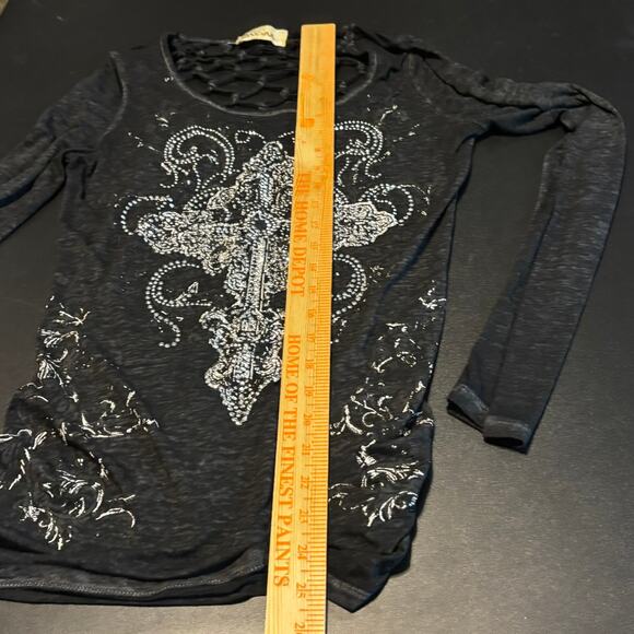Davina Women’s Bling Cross Shirt Black Rhinestone Lattice Cutout Top NO SIZE TAG - Picture 5 of 6